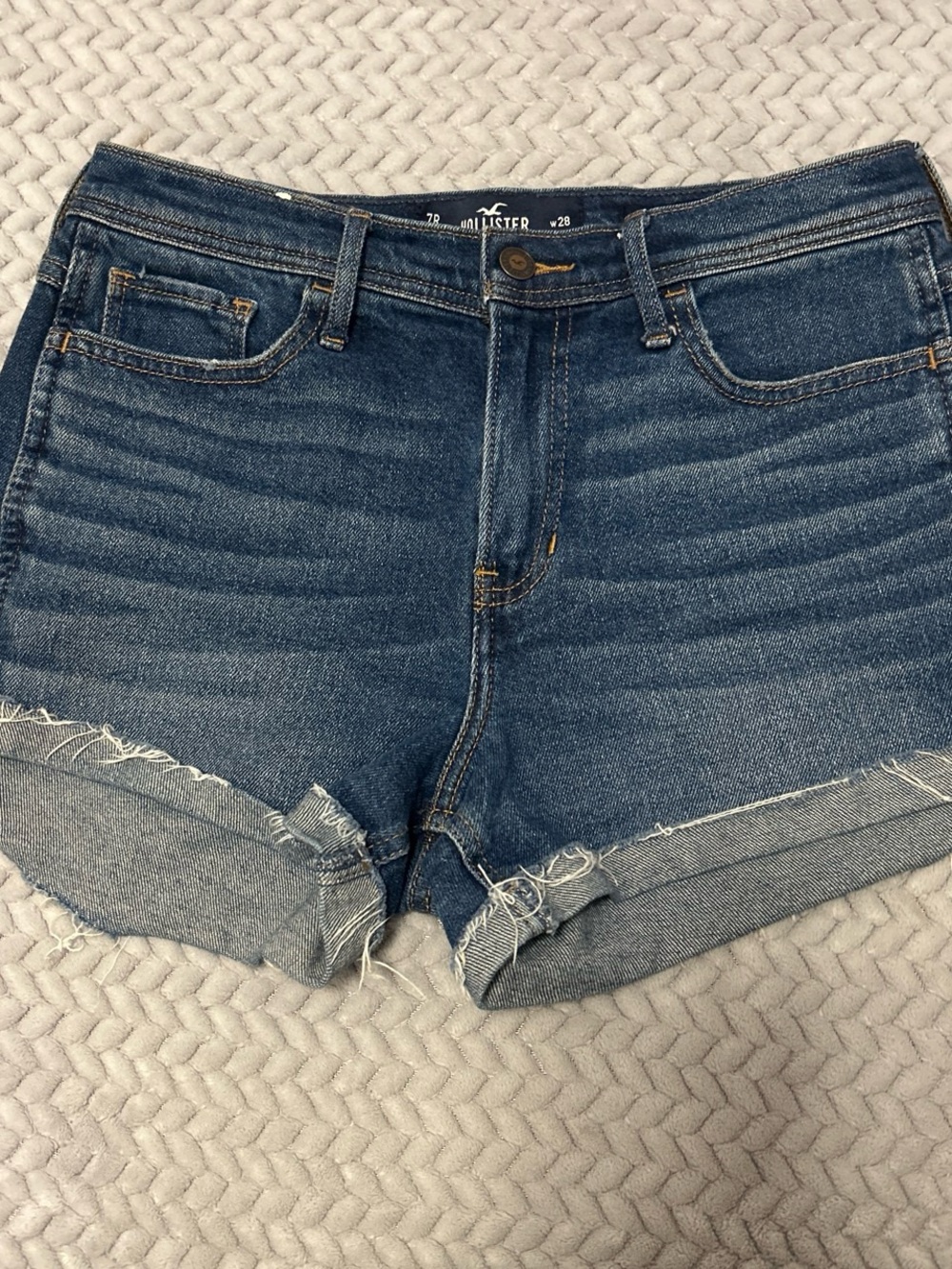Hollister Mid-Dark Blue High-Rise Frayed Hem Denim Shorts